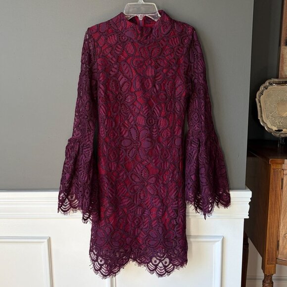 Allison New York plum floral lace bell sleeve shift party mini dress Small NWT - Picture 1 of 6